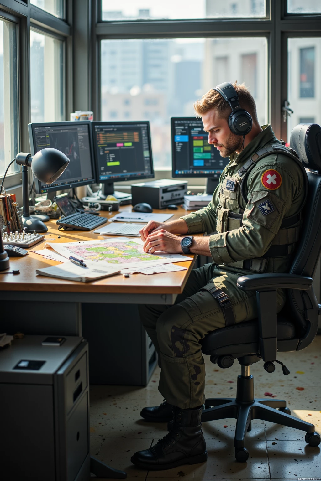 A person in military attire is seated at a desk with multiple monitors, working on a computer.