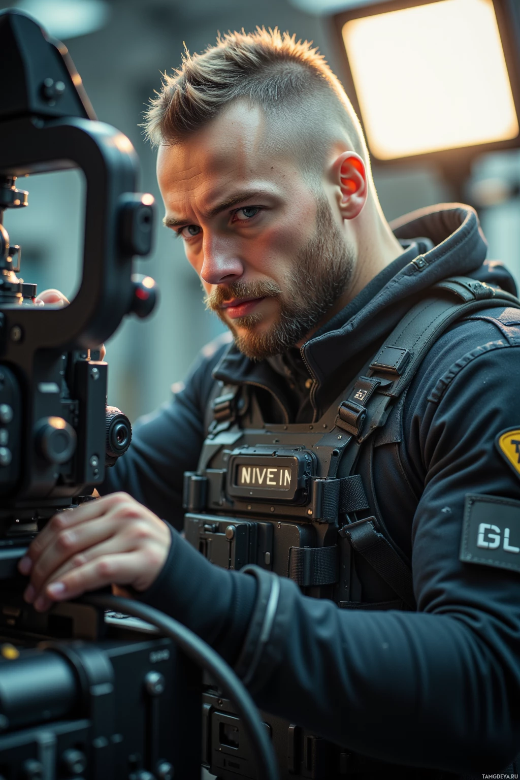 A man in tactical gear operates a professional camera setup.
