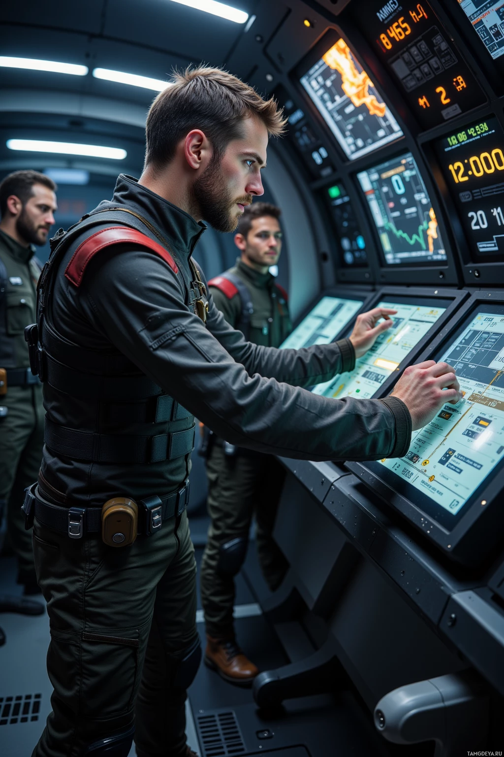 A man in a futuristic uniform operates a control panel in a high-tech environment.