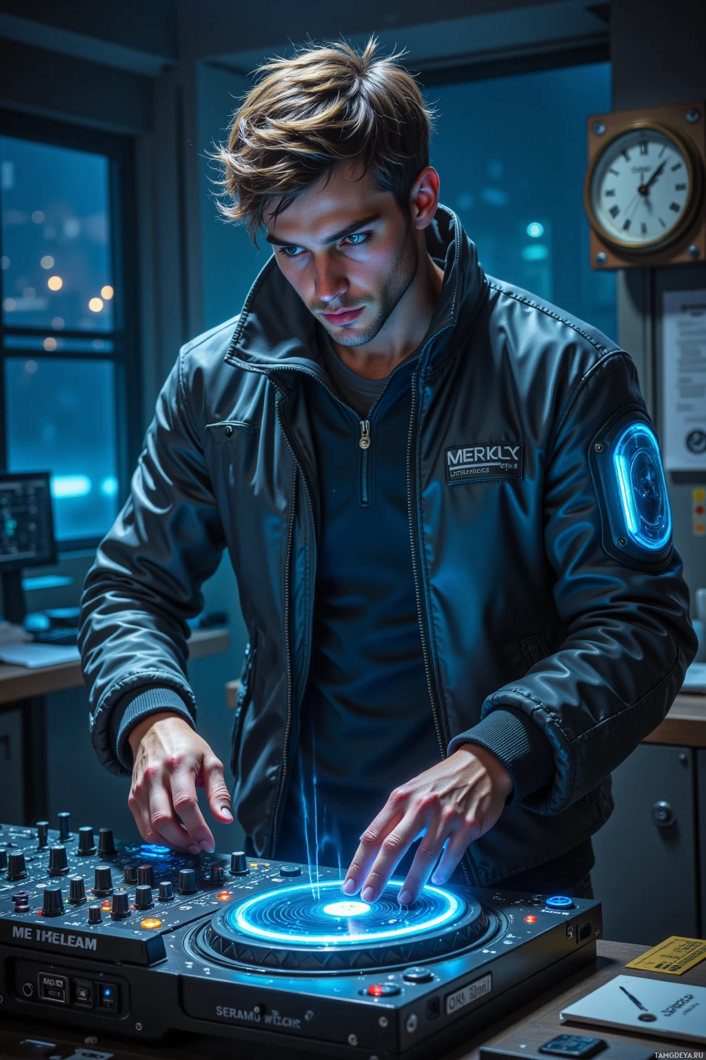 A person in a black jacket stands at a DJ console with glowing blue elements.