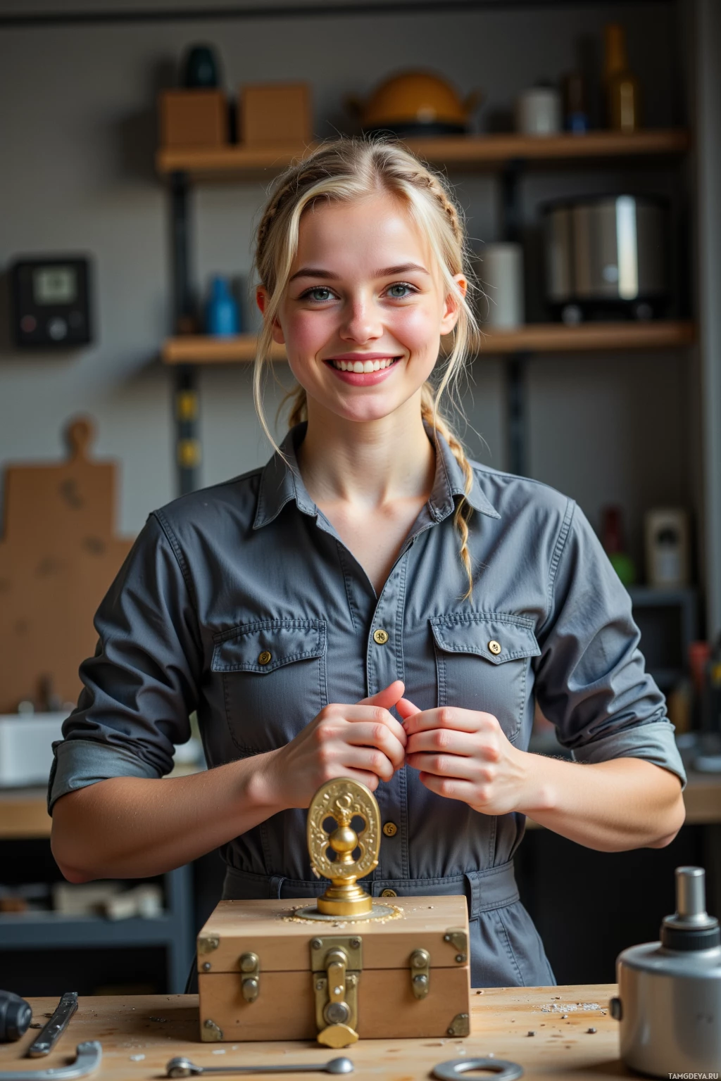 A person in a workshop setting, holding a small object near a wooden box with a brass handle.