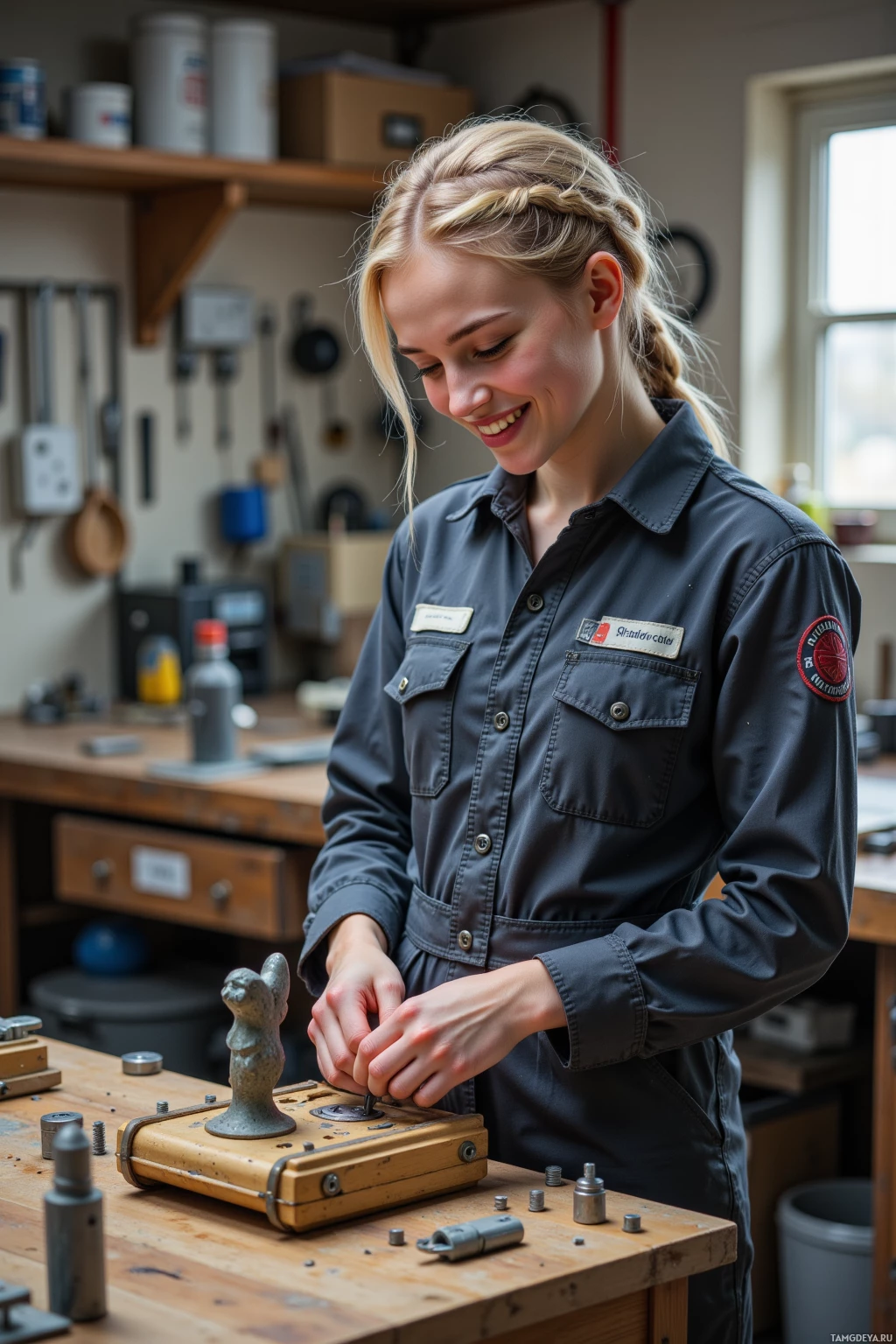 A woman in a workshop wearing a work uniform is working on a mechanical device.