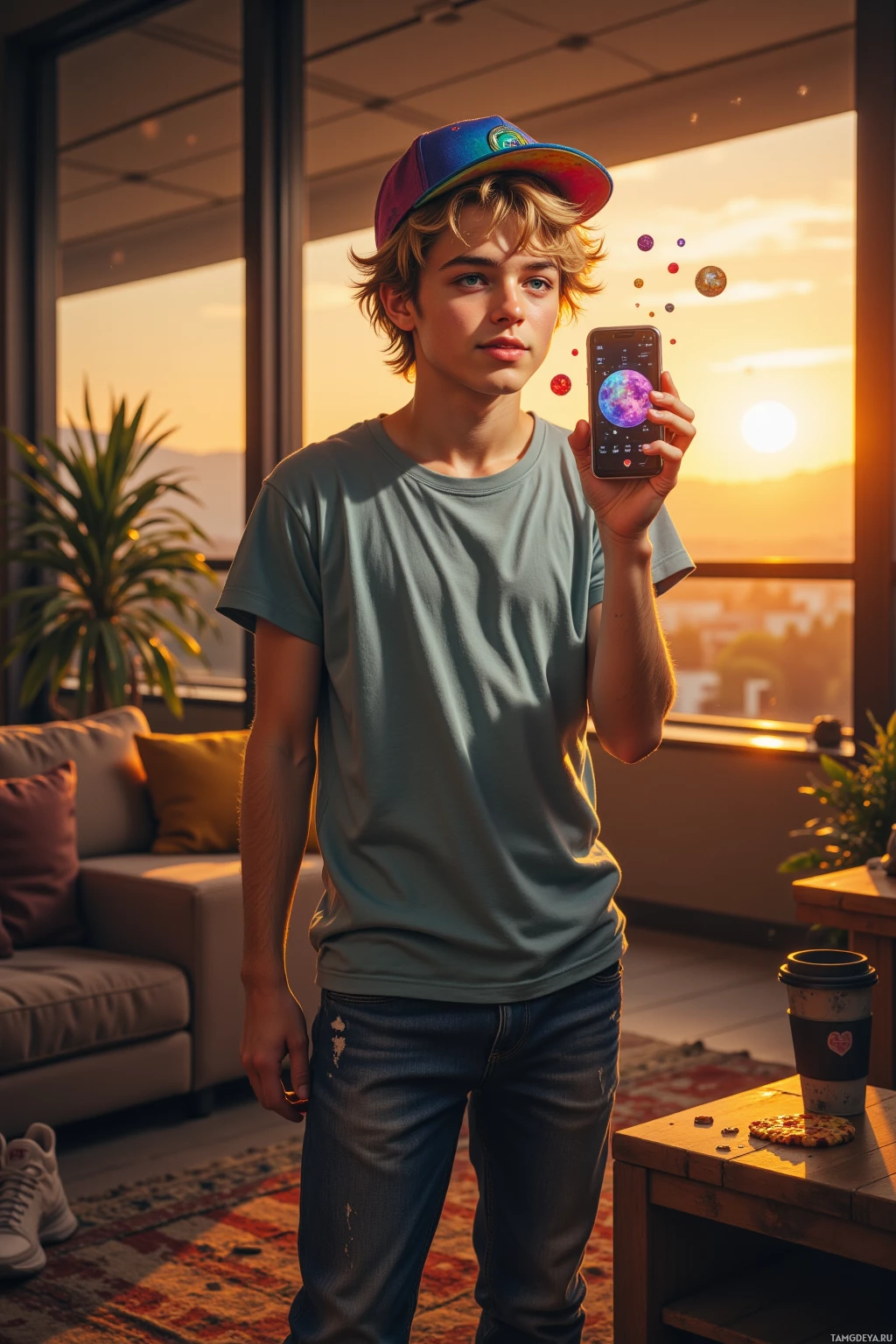 A young person stands indoors holding a smartphone with a colorful display, against a backdrop of a sunset and a cozy living room.
