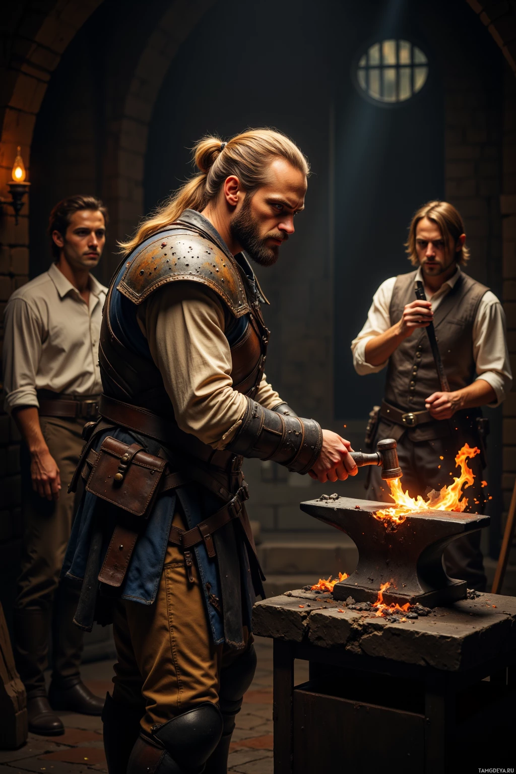 A man in medieval attire hammers a glowing object on an anvil while two others observe in a dimly lit forge.