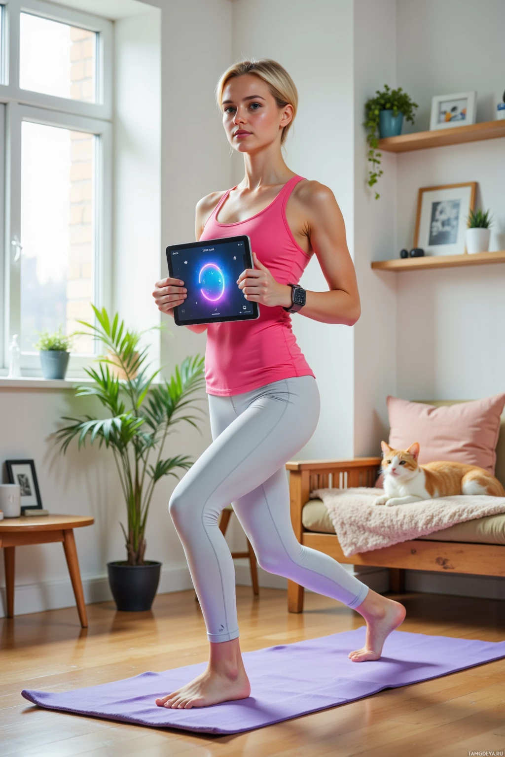 A woman in a pink tank top and leggings stands on a yoga mat, holding a tablet displaying a fitness app.