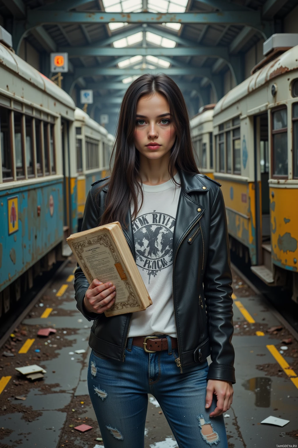 A person stands in a train station holding an old book, wearing a leather jacket and jeans.