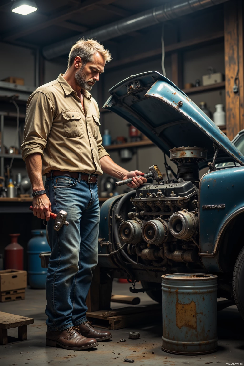 A man in a workshop is working on a car engine with a hammer.