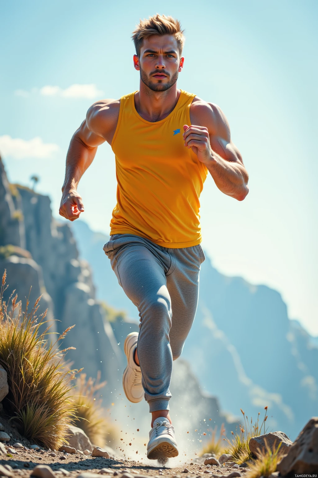 A man in a yellow tank top and gray pants runs on a rocky trail with mountains in the background.