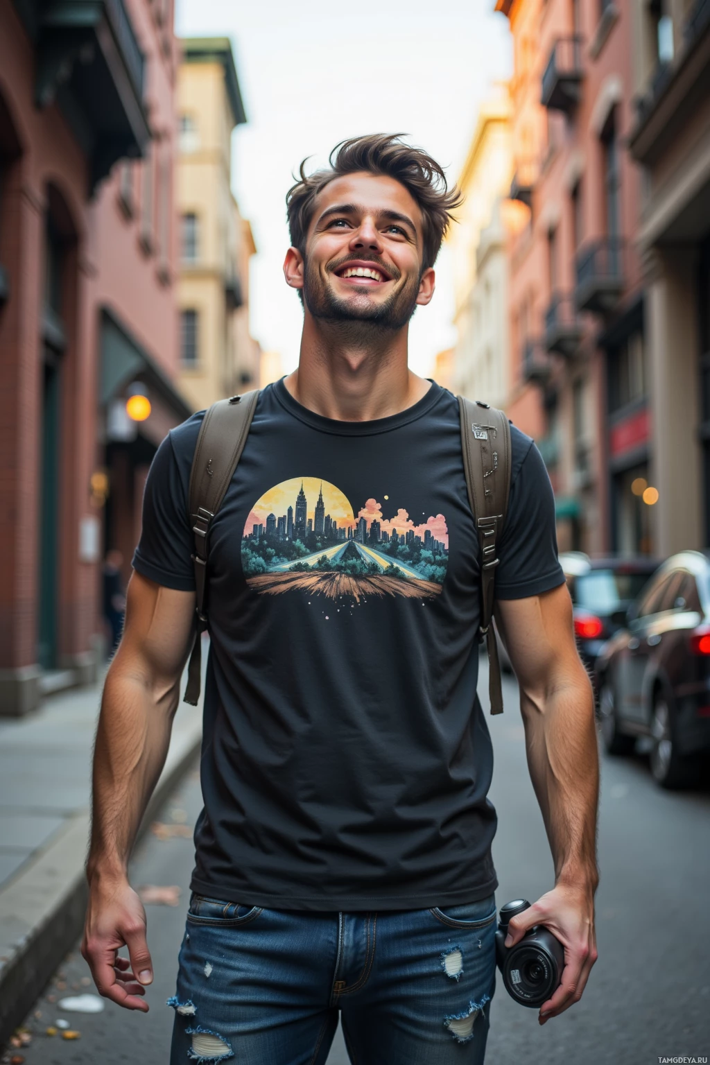 A man wearing a t-shirt with a cityscape design and holding a camera walks down a street.