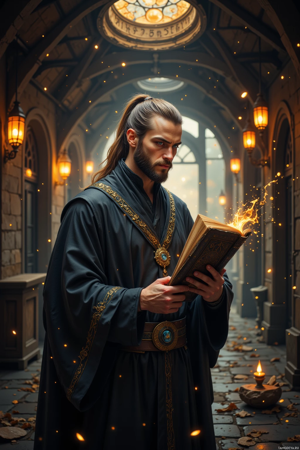 A man in a dark robe holds an open book with glowing edges, standing in a dimly lit corridor with arched ceilings and hanging lanterns.