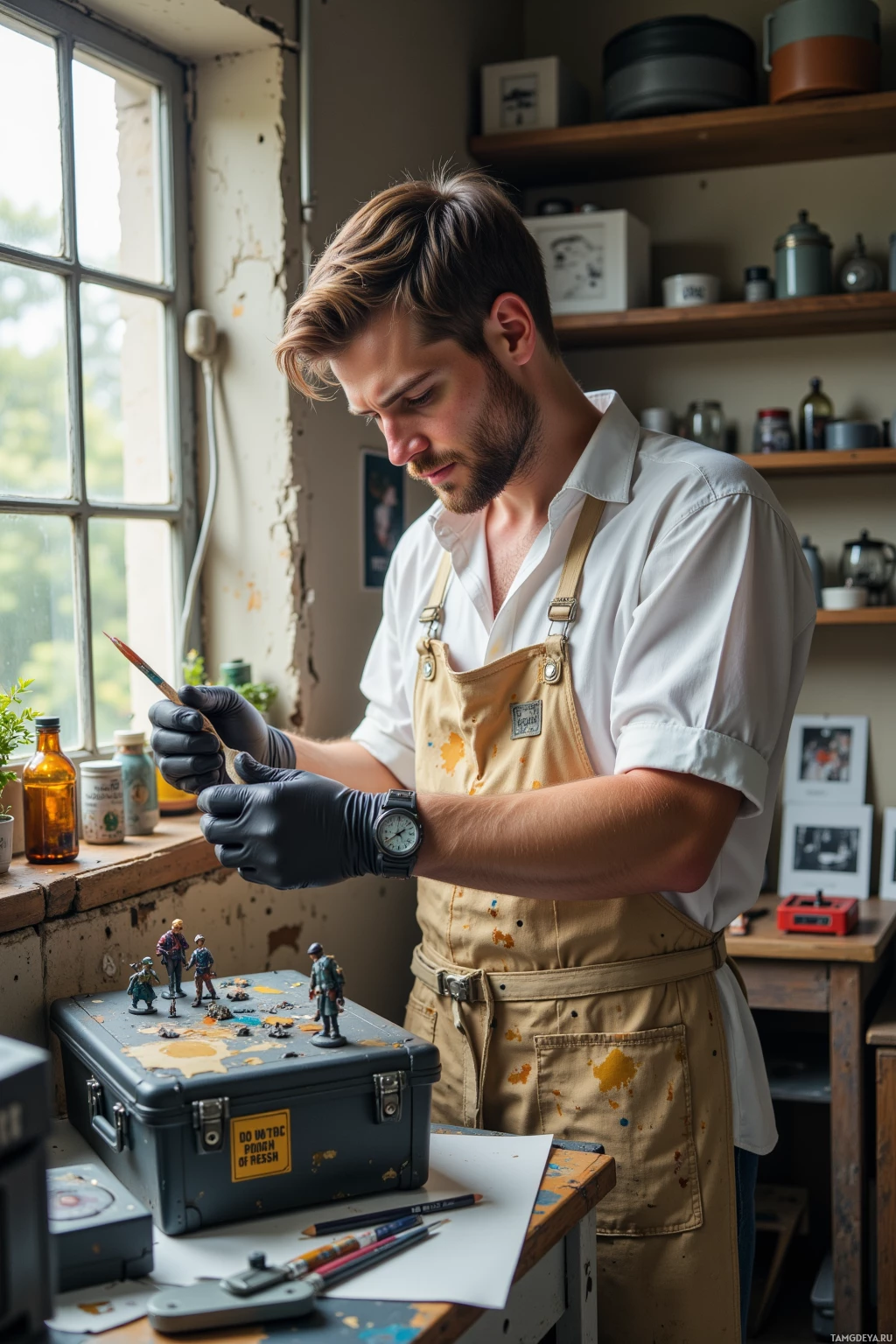 A man in an apron and gloves is painting miniature figures on a workbench.