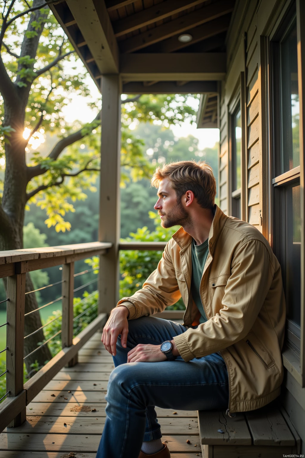 A man sits on a porch, gazing out at a serene, green landscape.