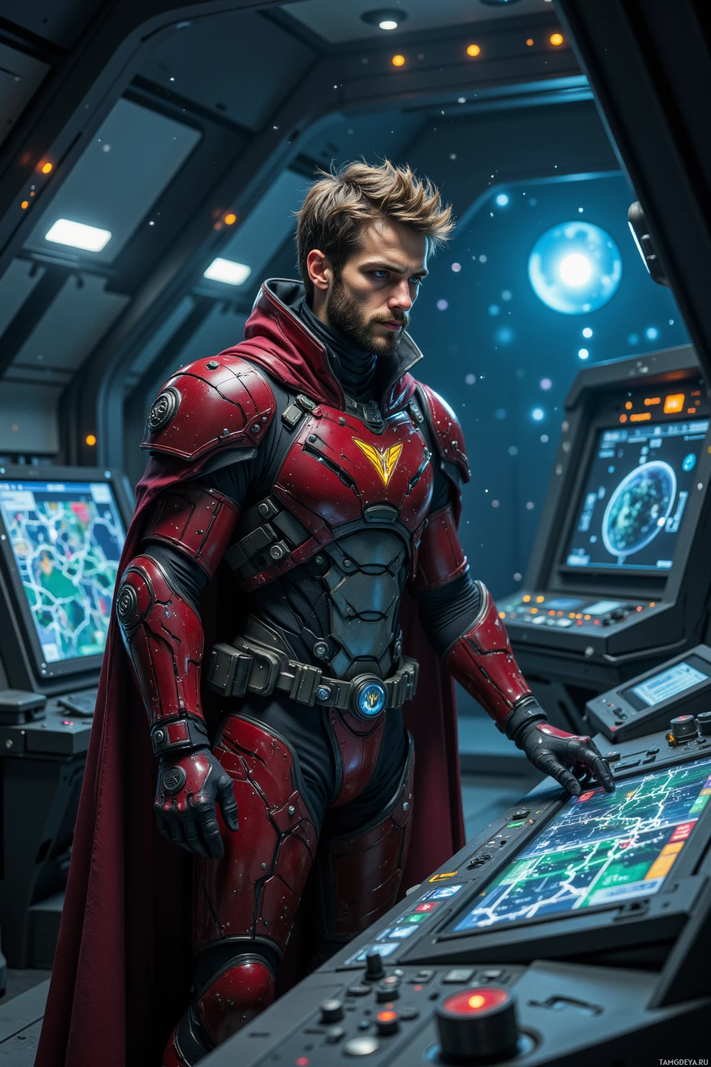 A person in a red and black armored suit stands in a futuristic control room.
