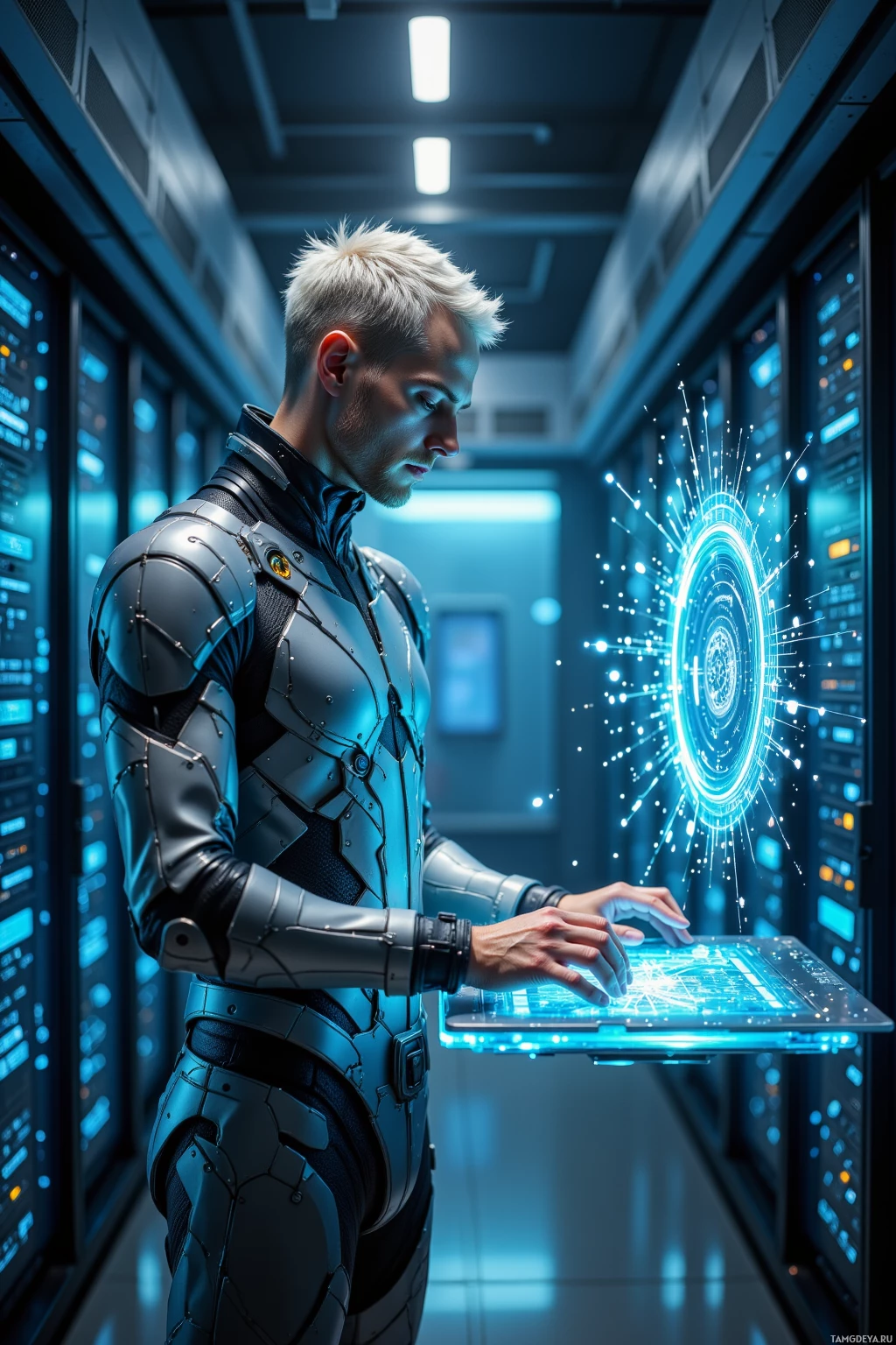 A person in futuristic armor operates a glowing, high-tech interface in a server room.