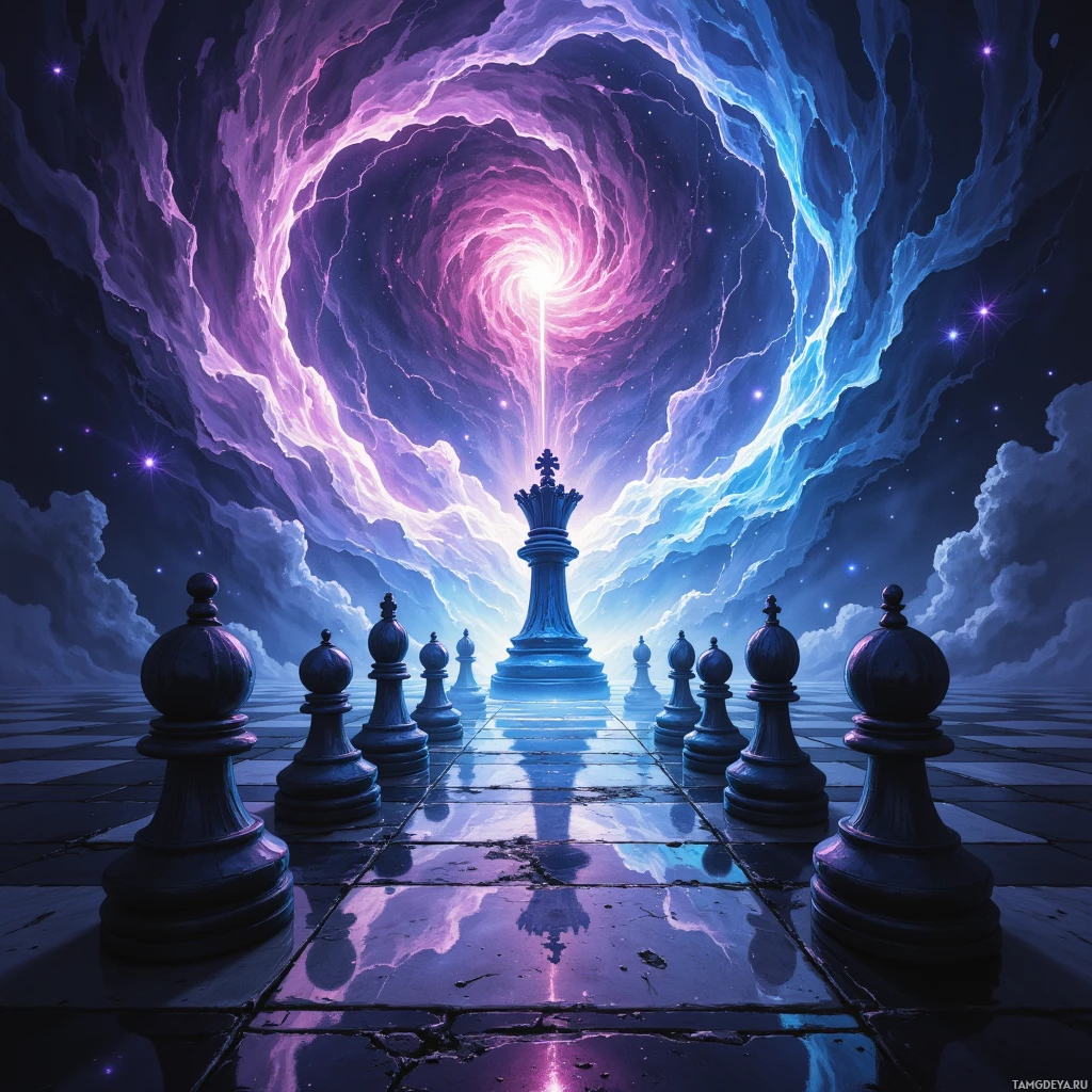 A surreal chessboard scene with a glowing king piece at the center, surrounded by a cosmic, swirling background.