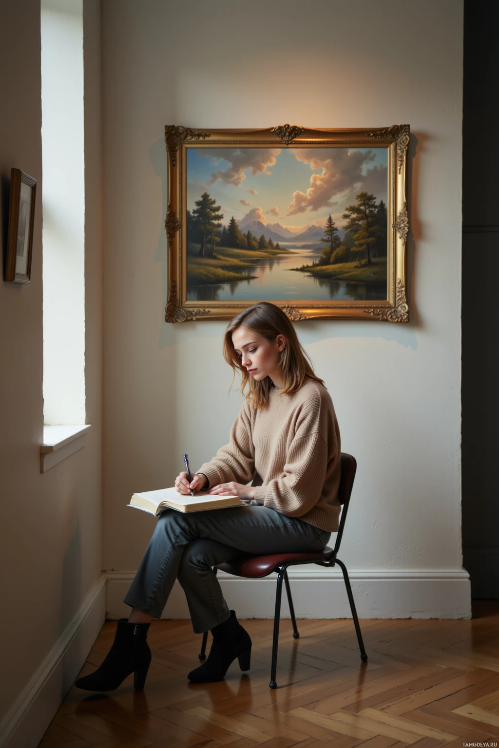 A woman sits on a chair, writing in a notebook in front of a framed landscape painting.