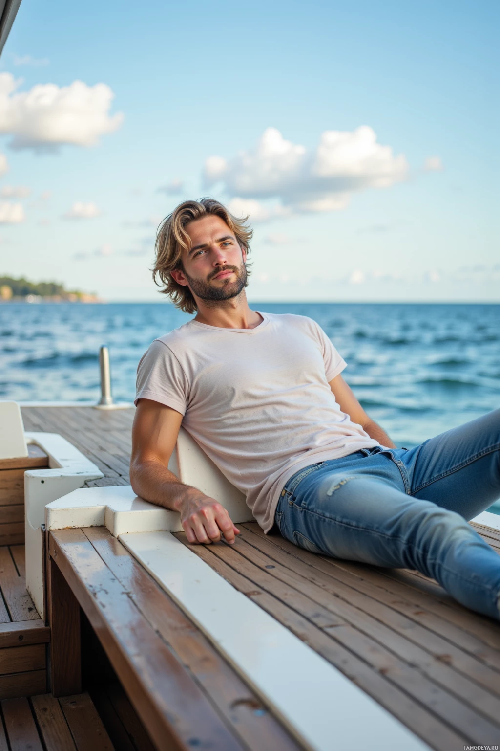 A man in a white t-shirt and jeans leans casually on a wooden railing by the sea.