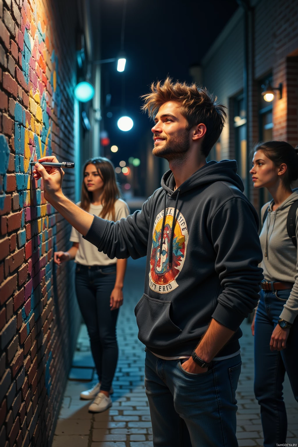 A person in a hoodie draws on a brick wall while two others watch in a nighttime alleyway.
