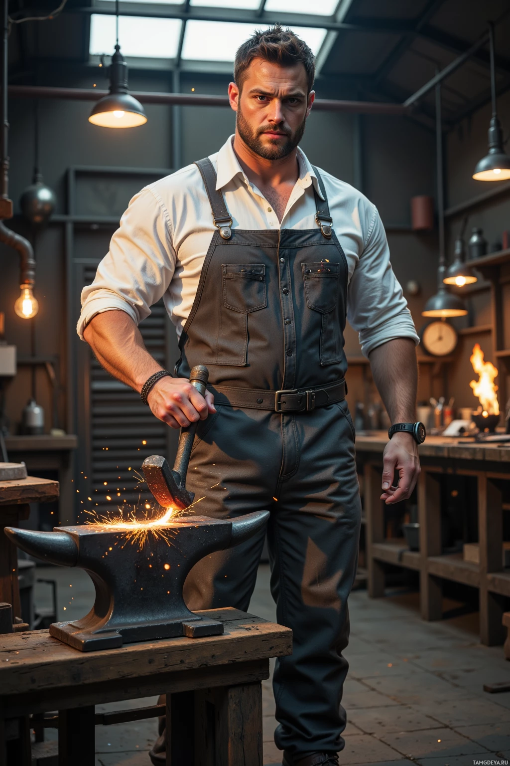 A man in a workshop wearing overalls and a shirt, holding a hammer, with sparks flying as he works on a piece of metal on an anvil.