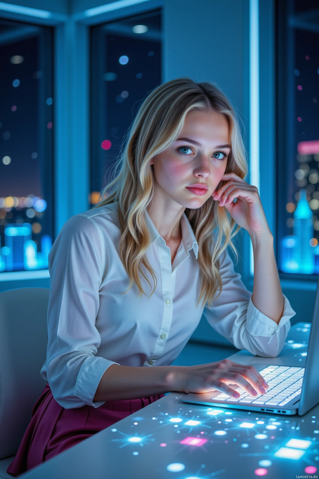 A woman in a white shirt works on a laptop in a modern office setting with a cityscape view.