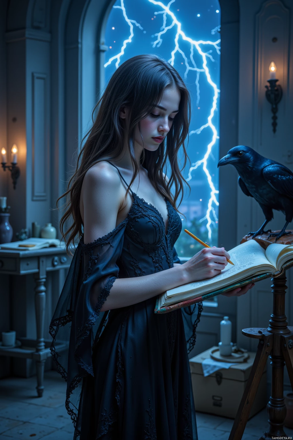 A woman in a dark dress writes in a book with a crow perched nearby.