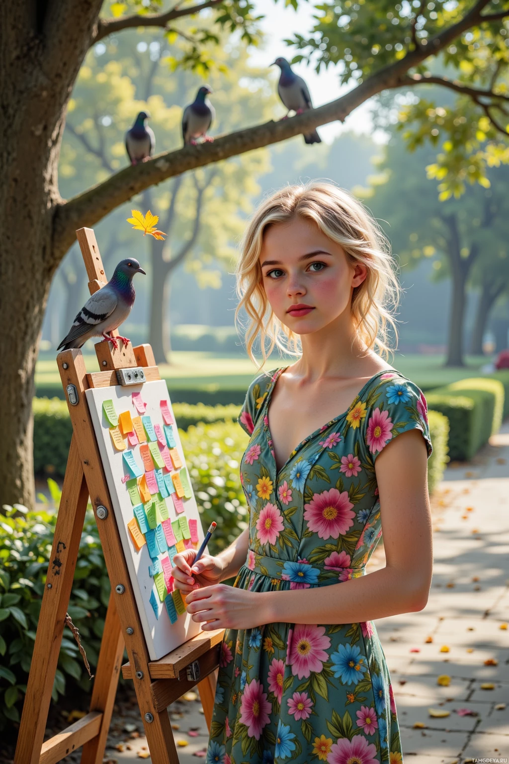 A woman in a floral dress stands outdoors, holding a paintbrush, with pigeons perched on an easel.
