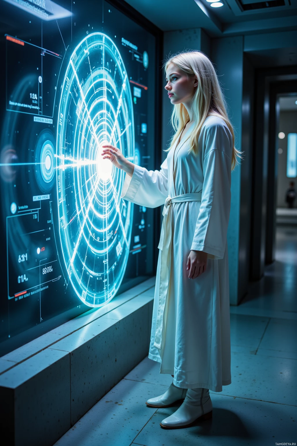 A person in a white robe stands in front of a futuristic, illuminated display.