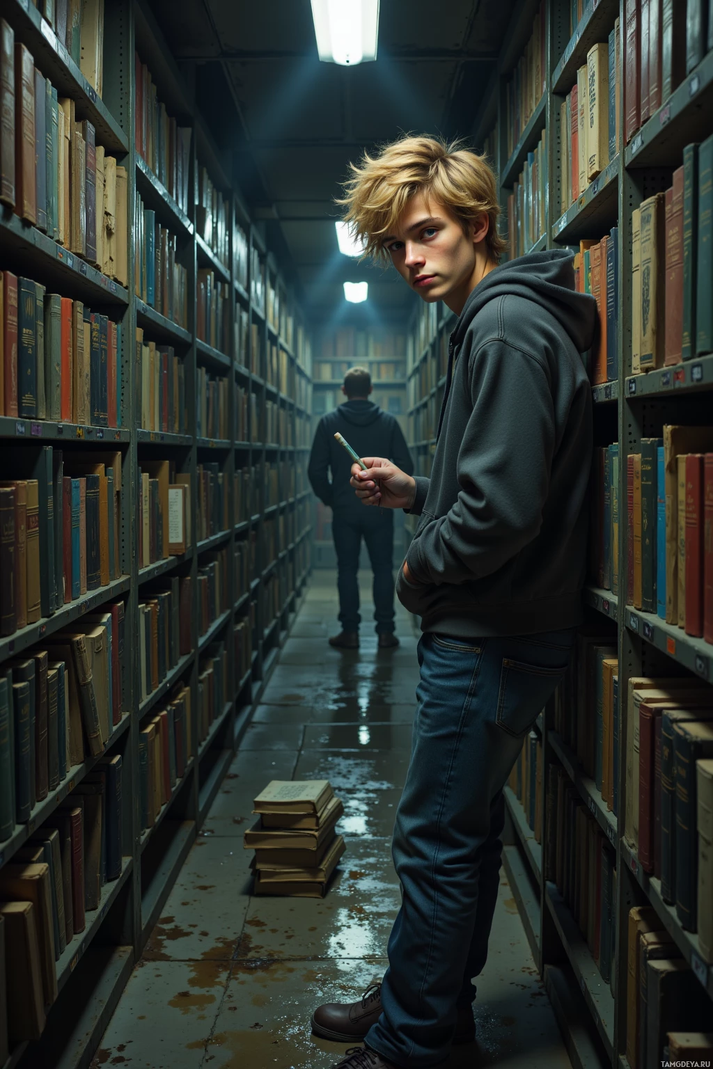 A young person stands in a dimly lit library aisle, holding a pencil, with another individual in the background.