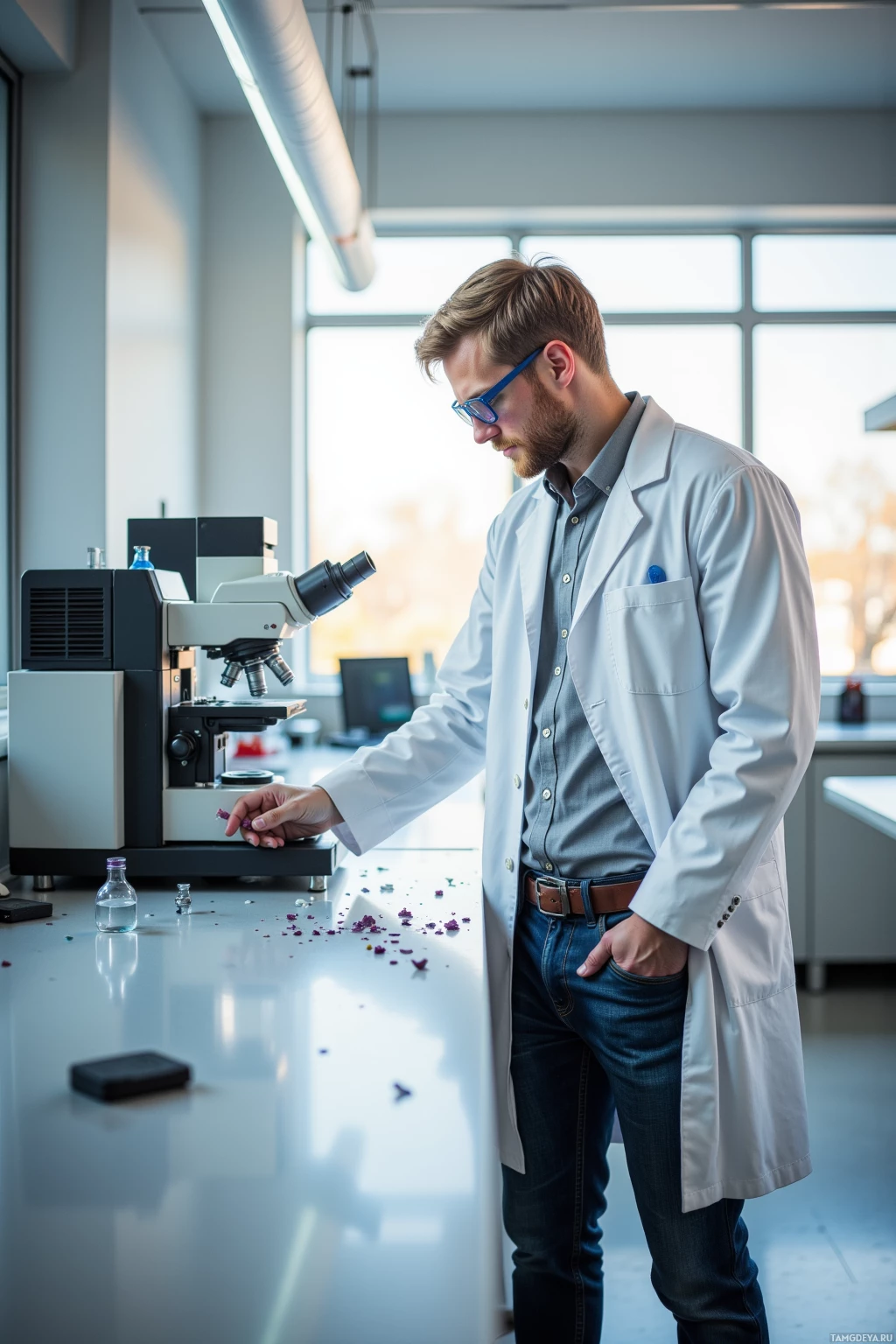 A scientist in a lab coat works with a microscope in a laboratory setting.