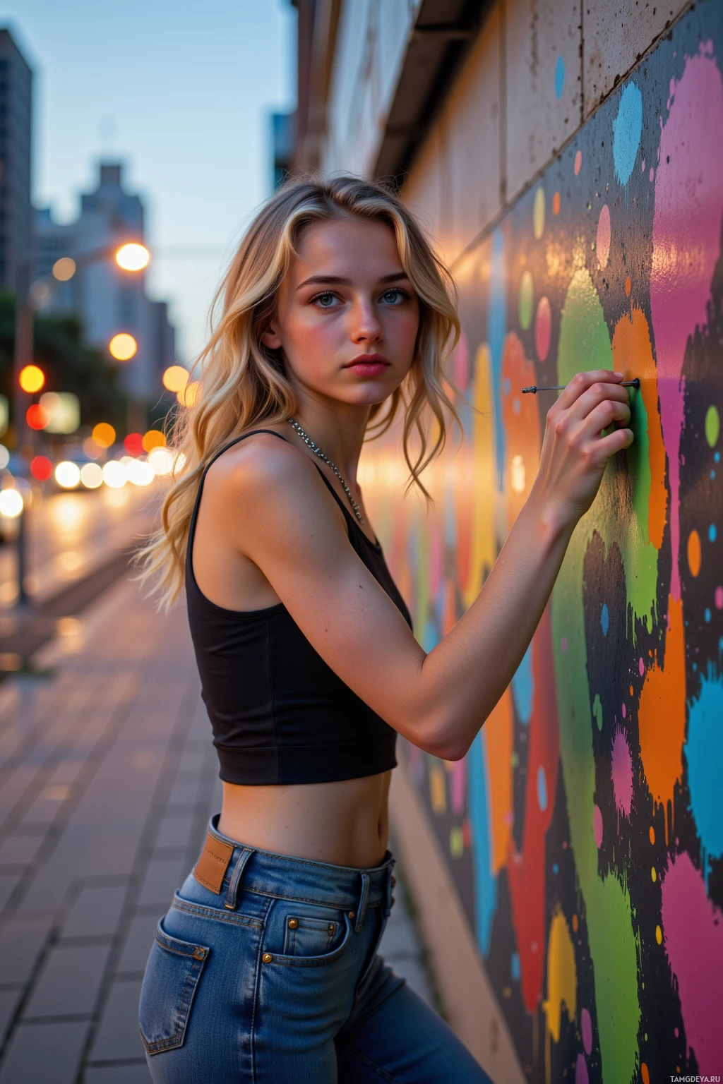 A person in a black top and jeans stands against a colorful wall, holding a paintbrush.