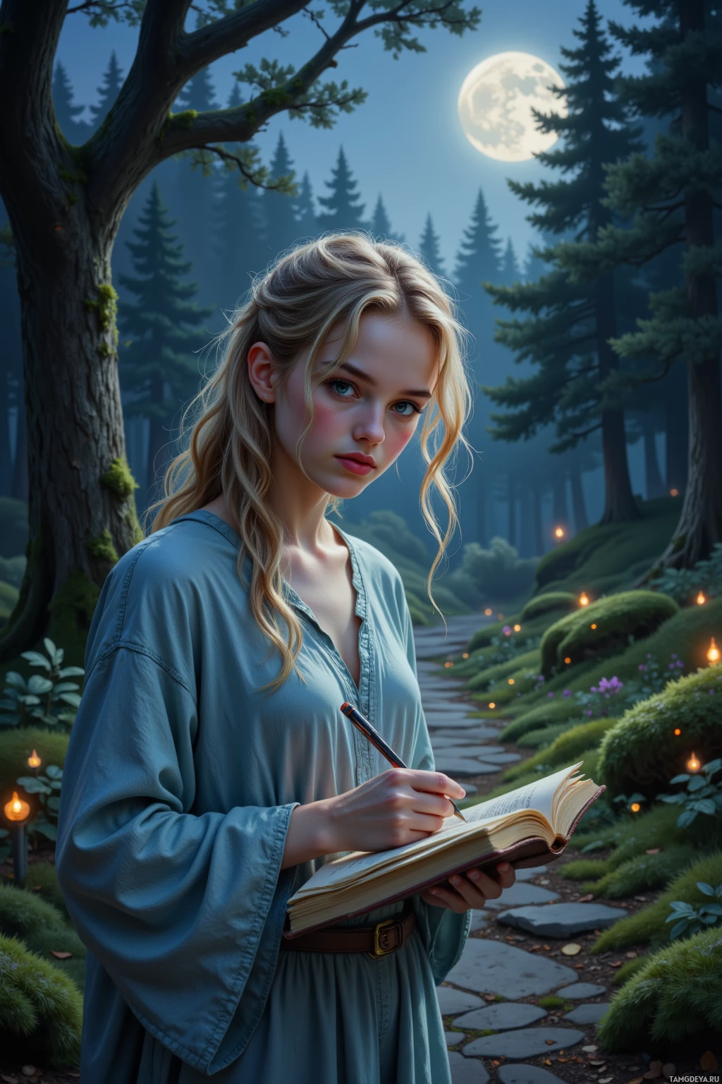 A young woman in a forest setting, holding a book and pen, with a path and glowing lights in the background.