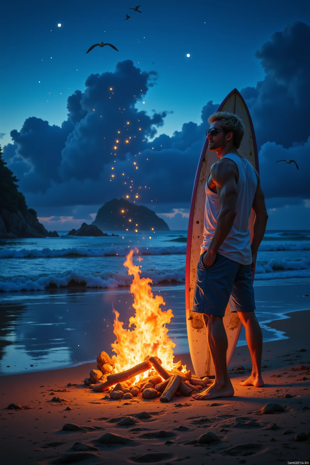 A man stands on a beach at night, holding a surfboard, with a campfire and the ocean in the background.