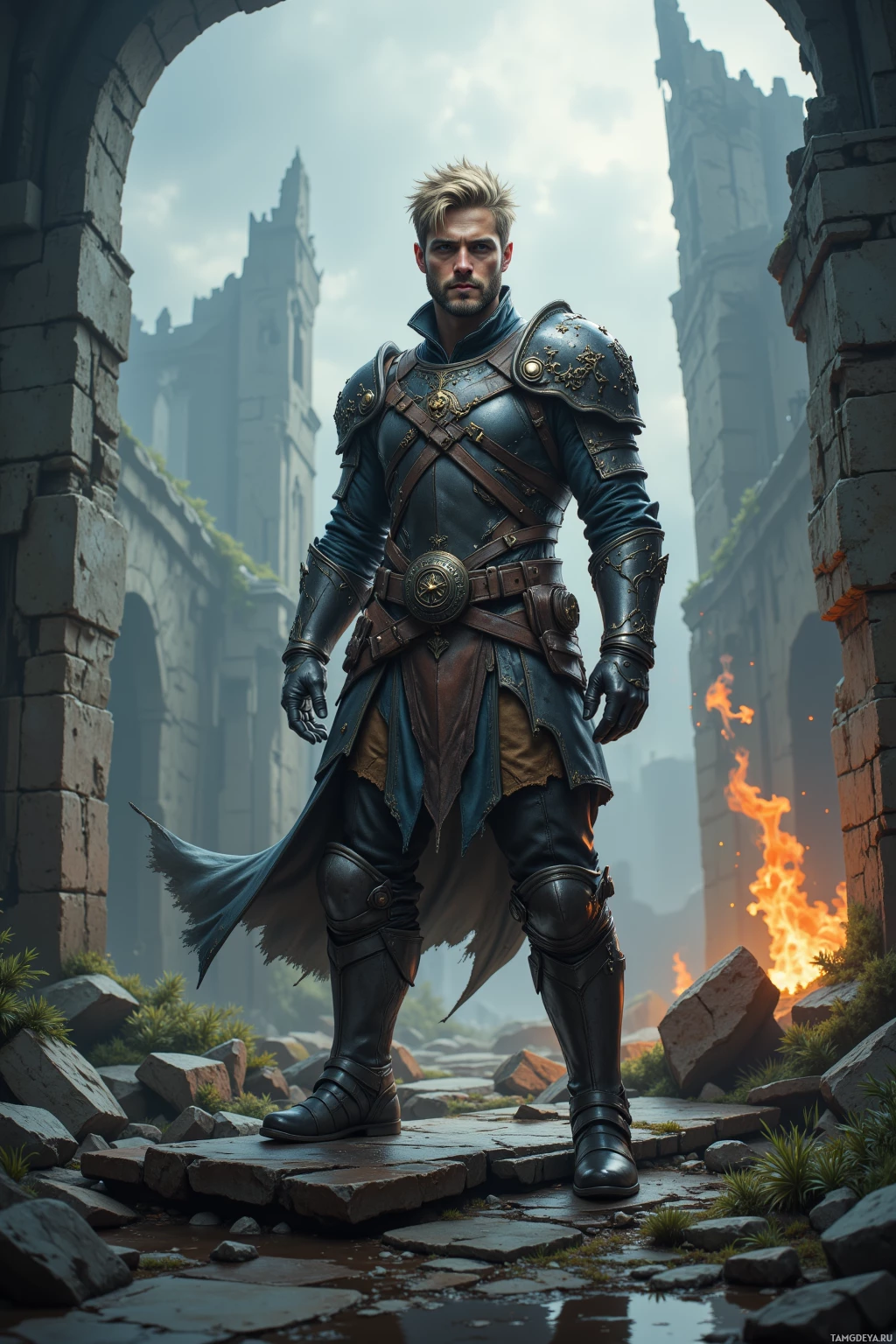 A knight in ornate armor stands amidst ruins with a fiery backdrop.
