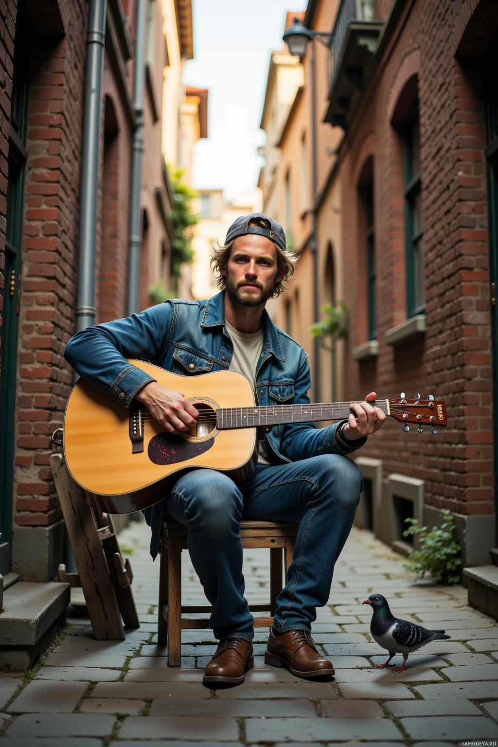 A man sits on a stool in an alleyway, playing an acoustic guitar.