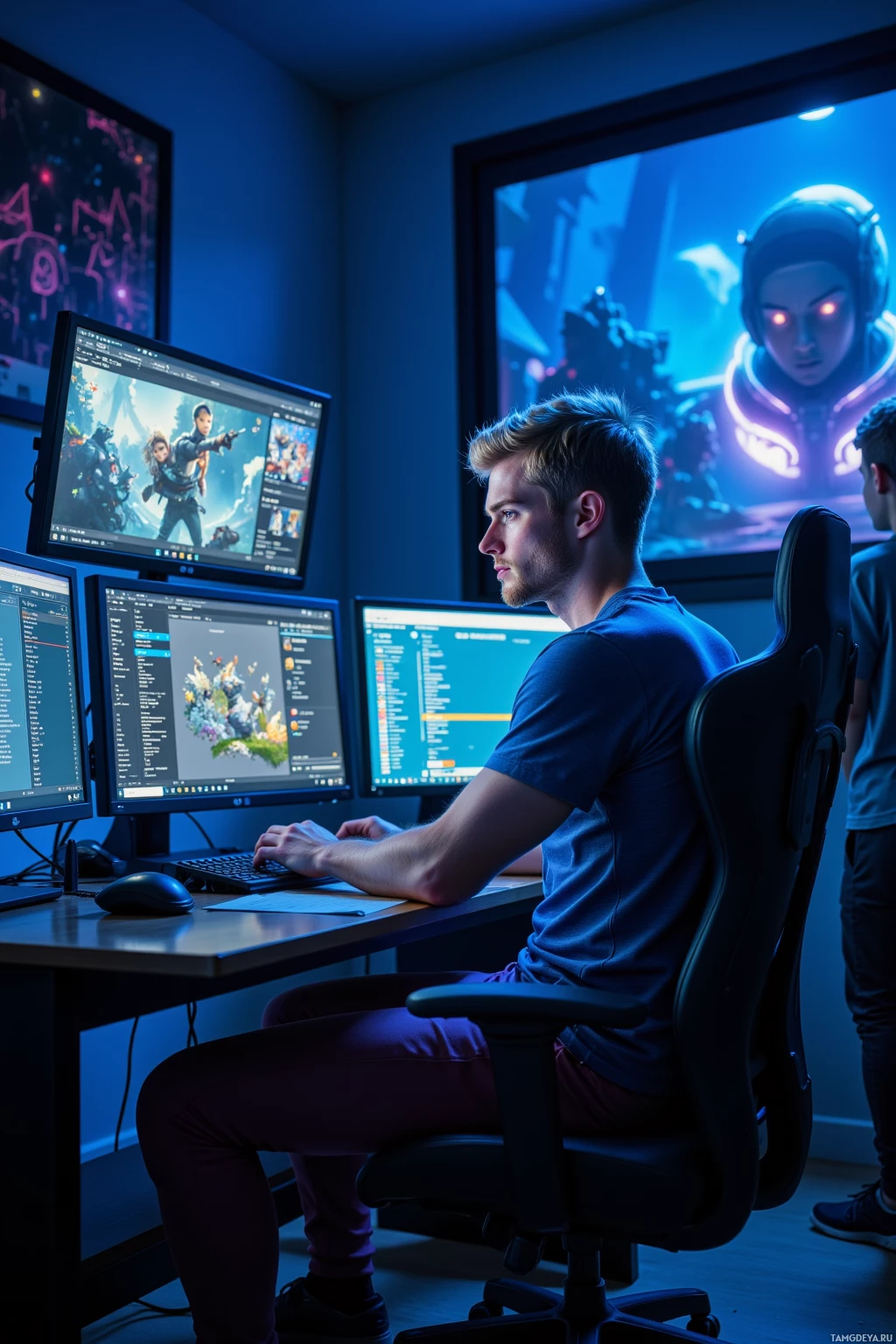 A person is seated at a desk with multiple computer monitors, working in a dimly lit room.