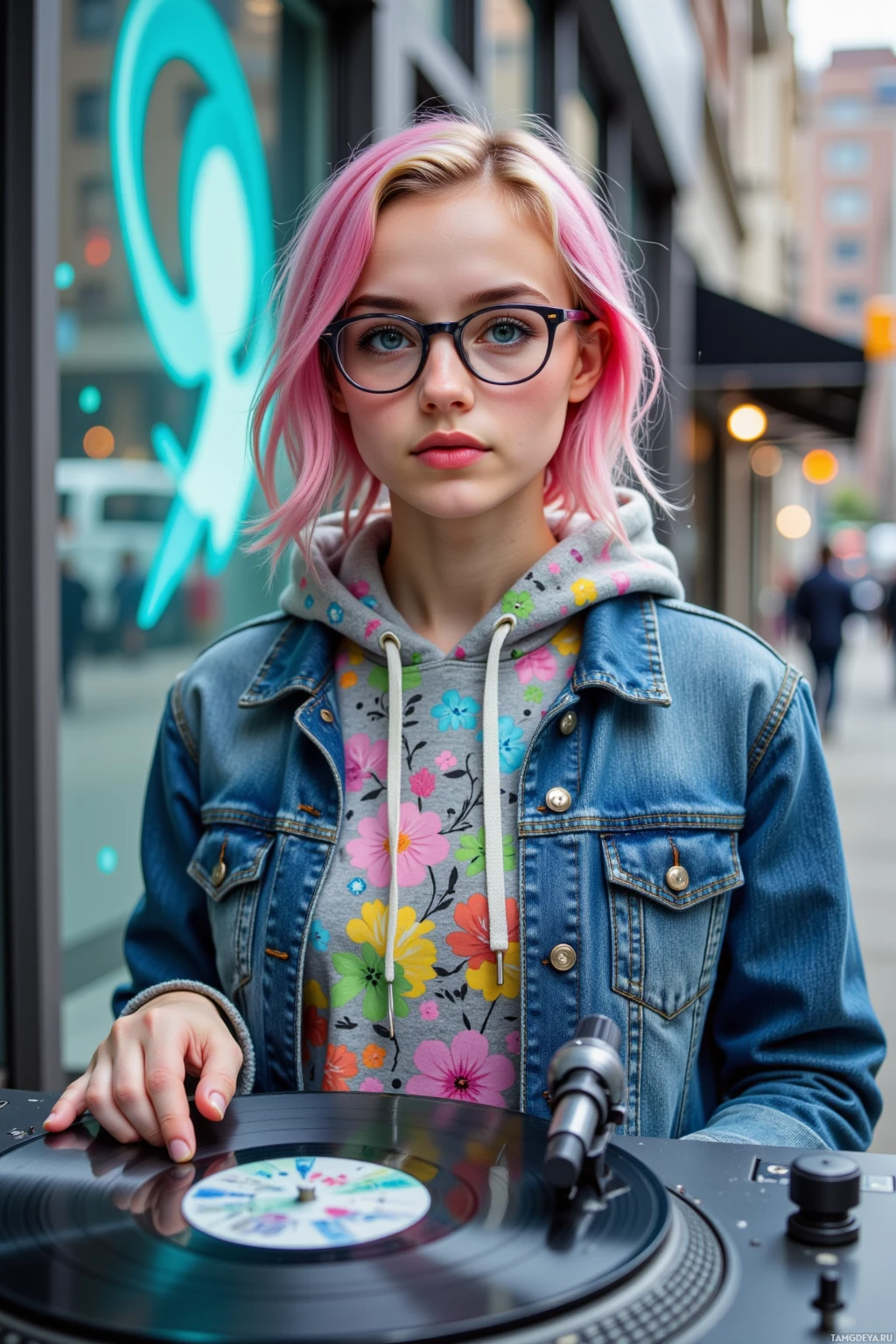 A young person with pink hair and glasses stands outdoors near a turntable, wearing a floral hoodie and denim jacket.