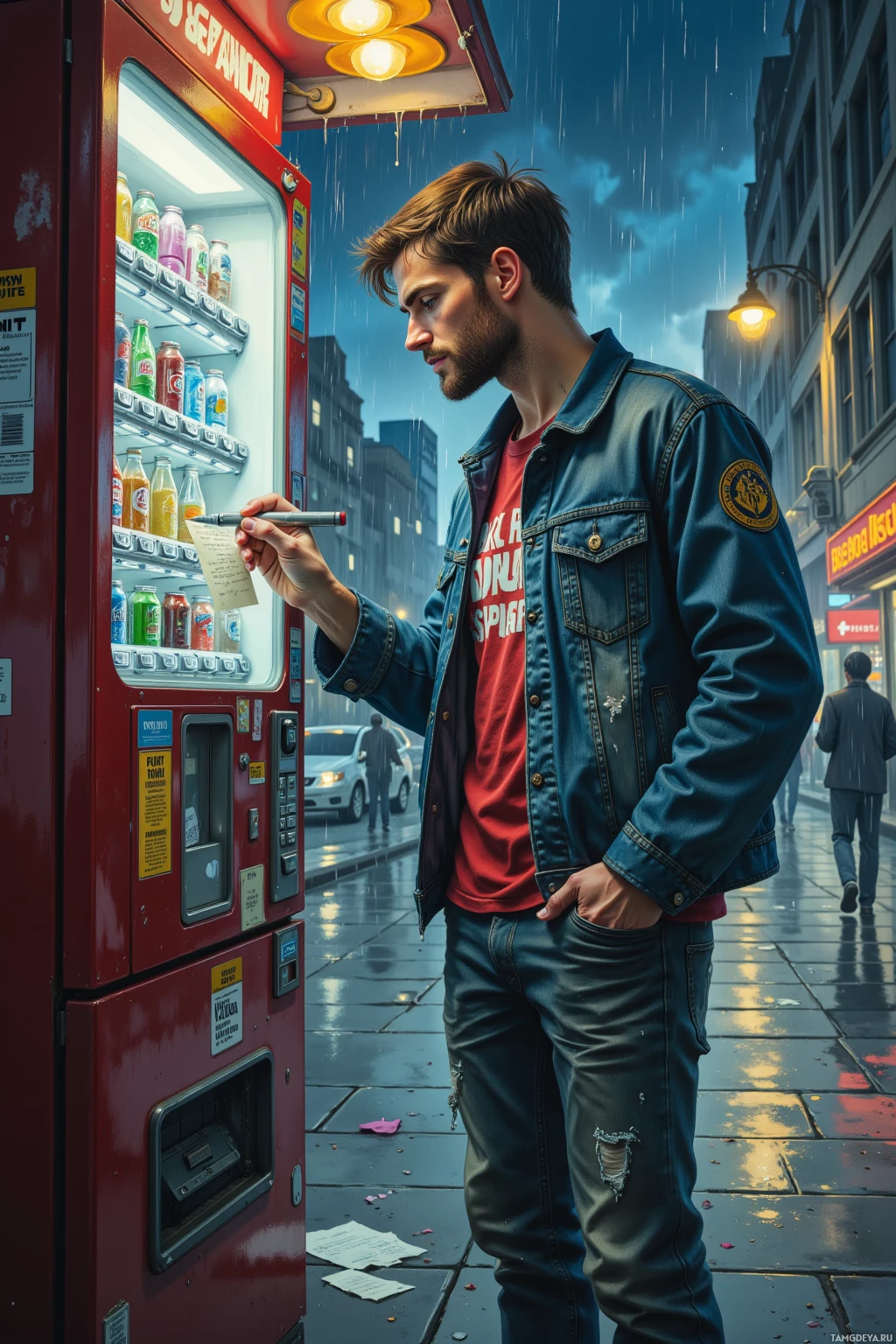 A man in a denim jacket stands by a vending machine on a rainy street, holding a receipt.