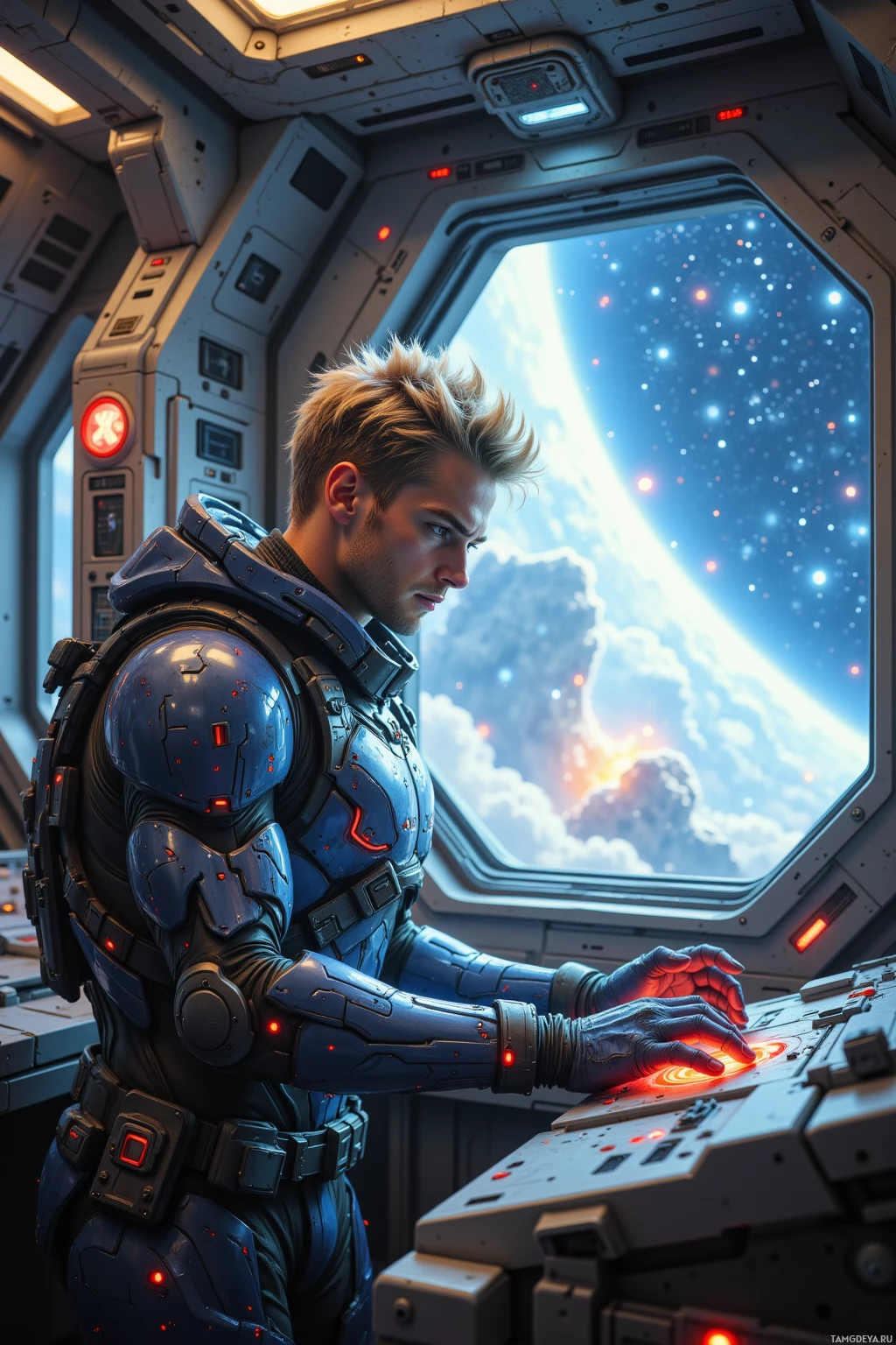 A person in futuristic armor operates a control panel inside a spacecraft.
