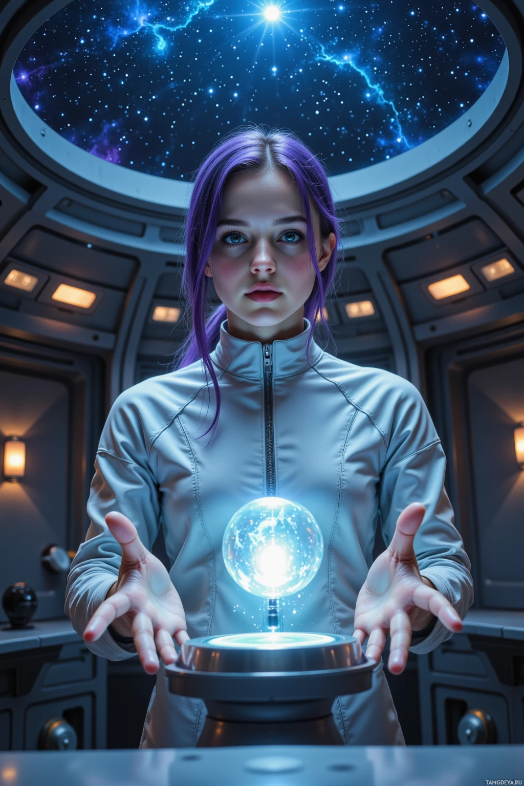 A person in a futuristic setting holds a glowing orb above a metallic platform.