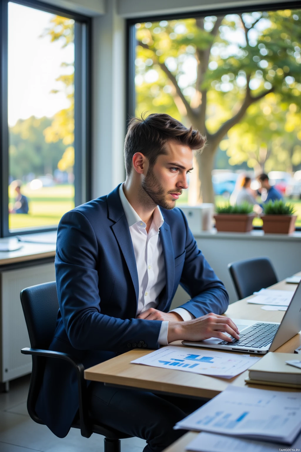 A man in a suit is working at a desk with a laptop and documents, with a view of greenery outside.