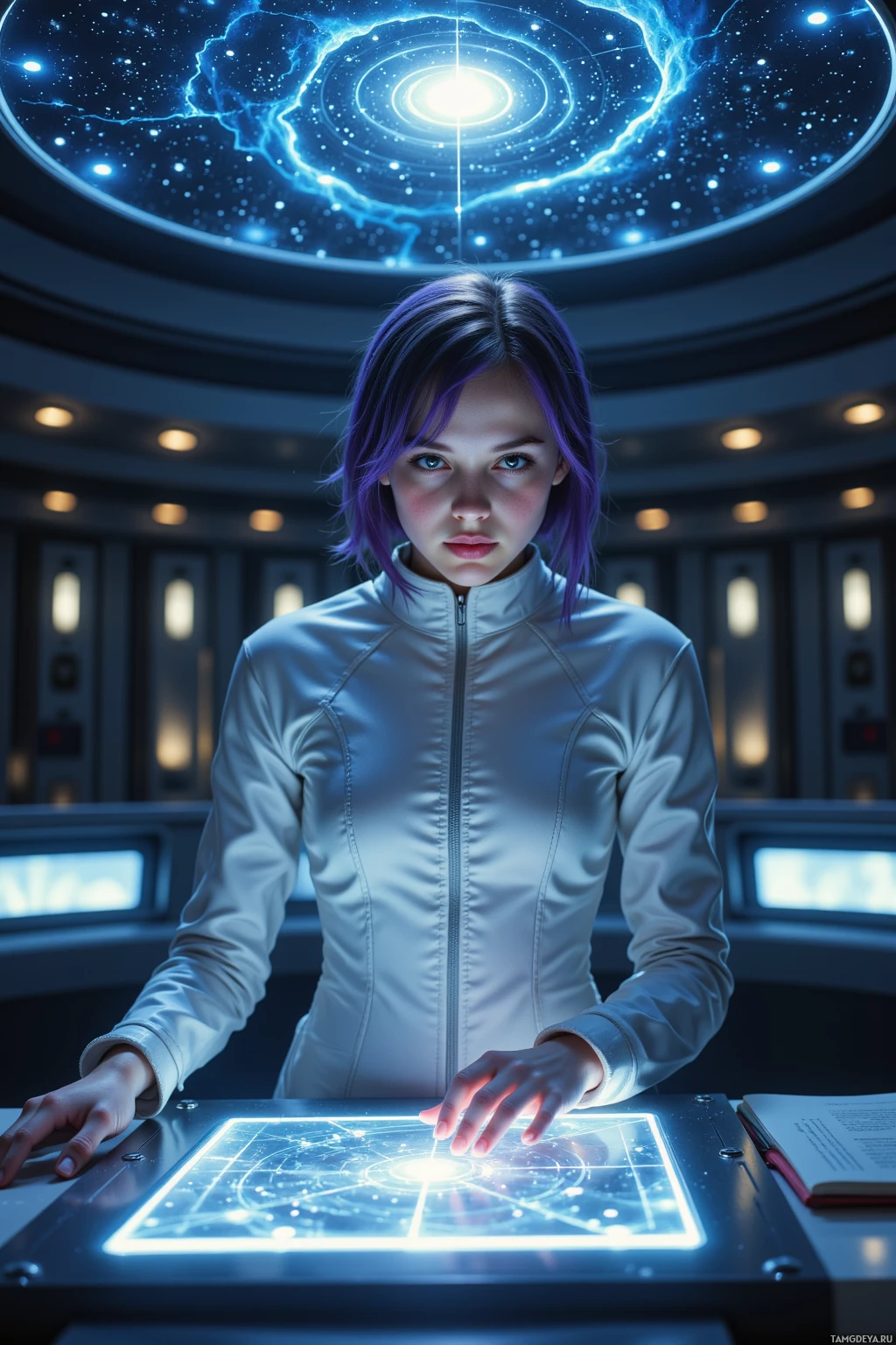 A person in a futuristic setting interacts with a glowing, high-tech interface.