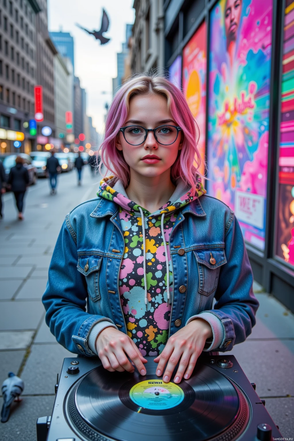 A young person with pink hair stands on a city street, wearing a colorful hoodie and denim jacket, with a turntable in front of them.