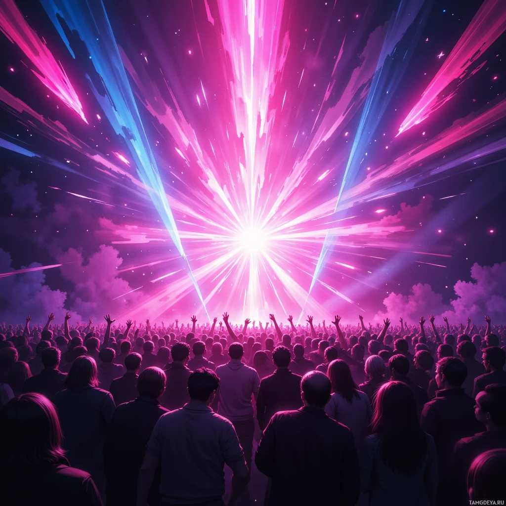 A vibrant crowd with raised hands under a cosmic sky of pink and blue light beams.