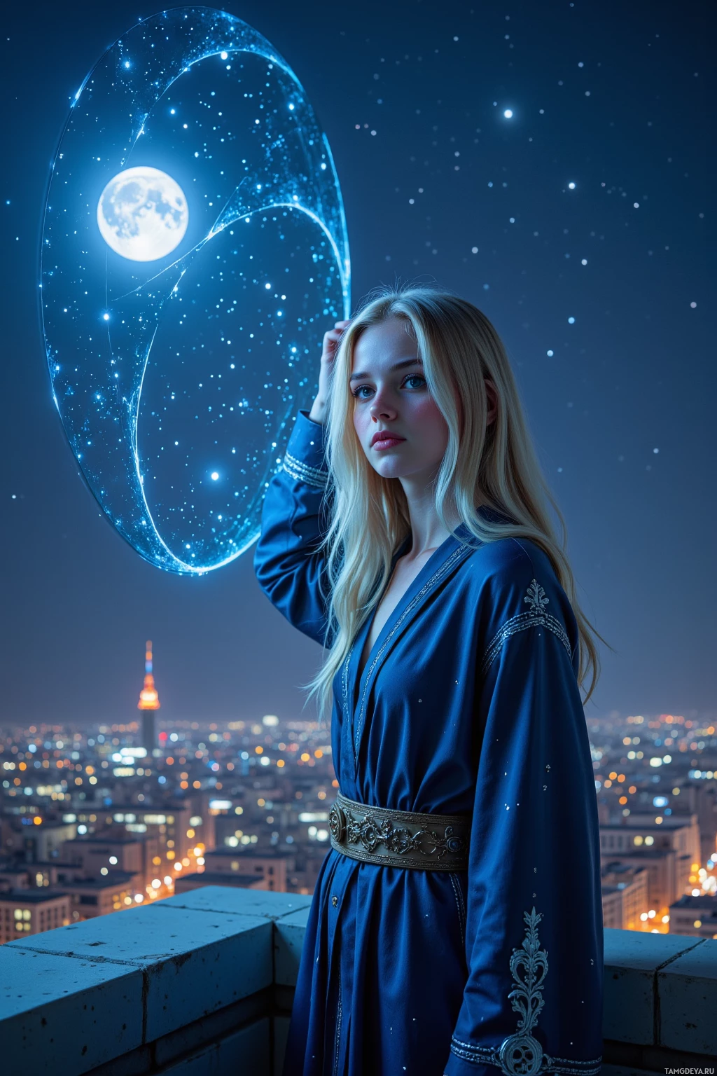 A woman in a blue dress stands on a rooftop at night, gazing at a glowing celestial sphere.
