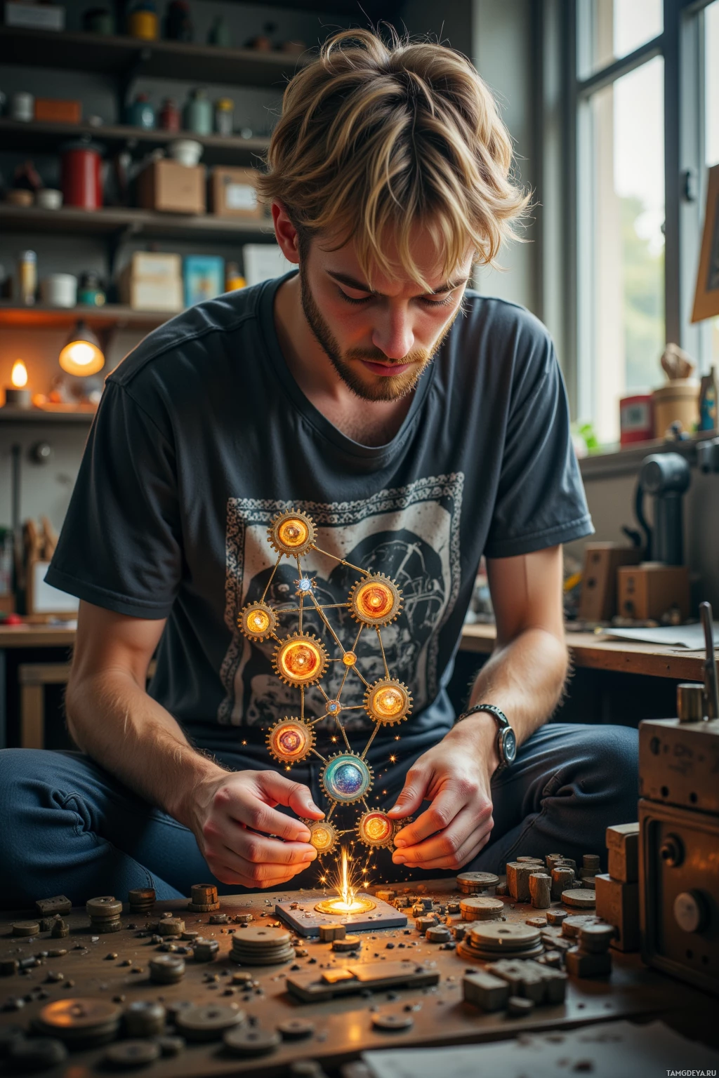 A person is working on a mechanical structure with glowing gears in a workshop setting.