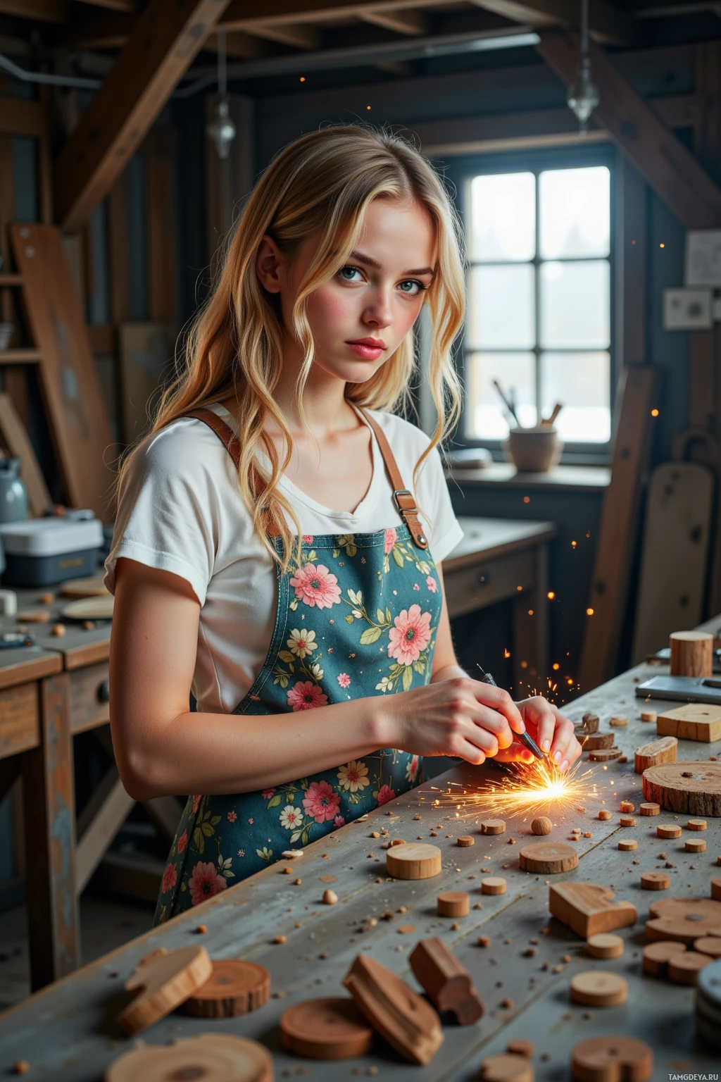 A person wearing a floral apron works with tools in a workshop, surrounded by wooden pieces and sparks.