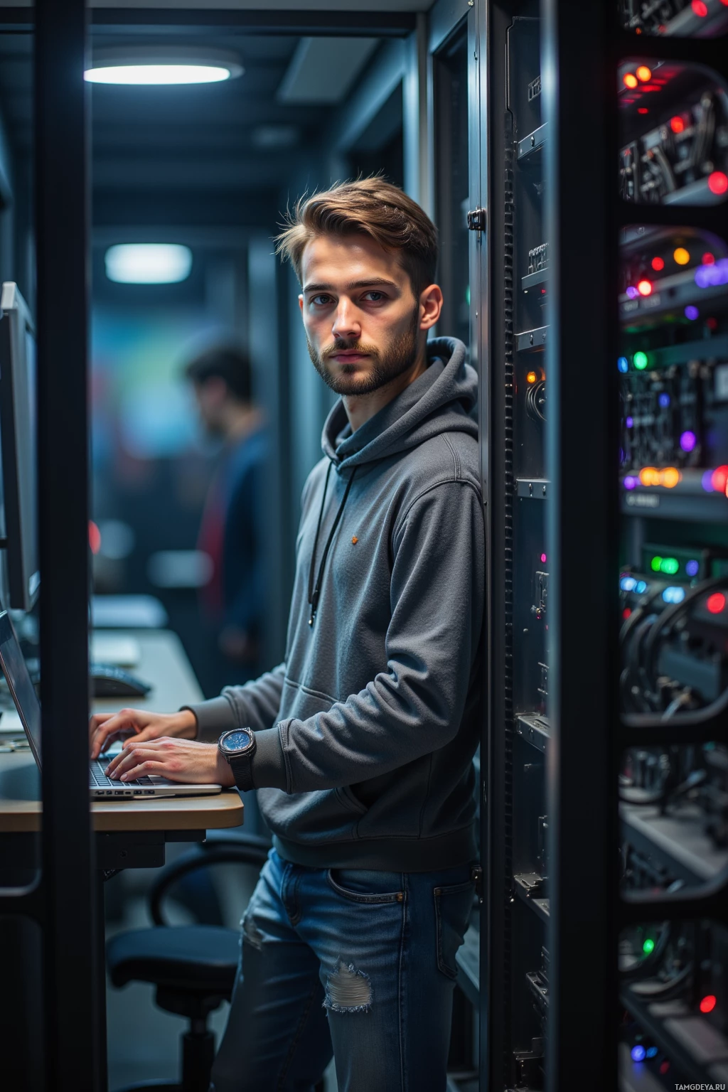 A man in a hoodie stands in a server room, typing on a laptop.