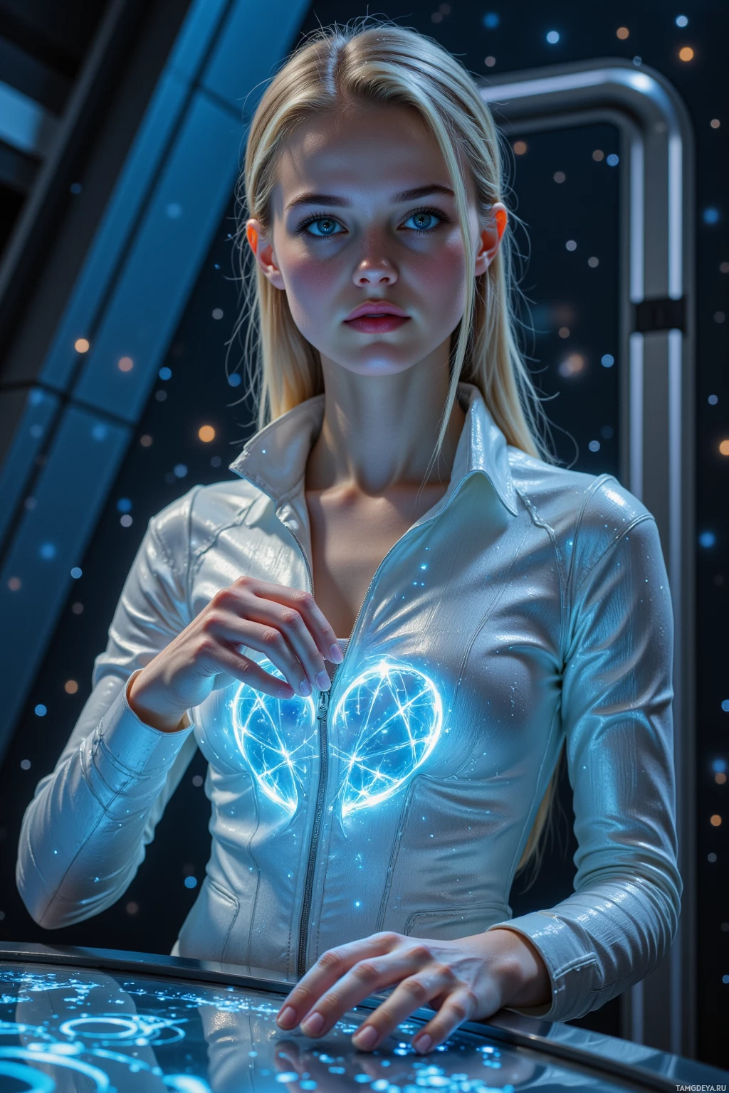 A person in a futuristic setting interacts with a glowing, high-tech interface.