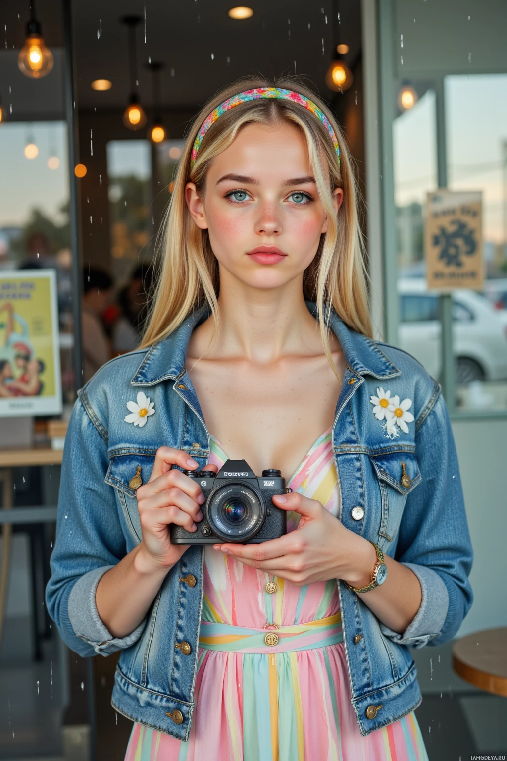 A young woman wearing a denim jacket and a colorful dress holds a camera.