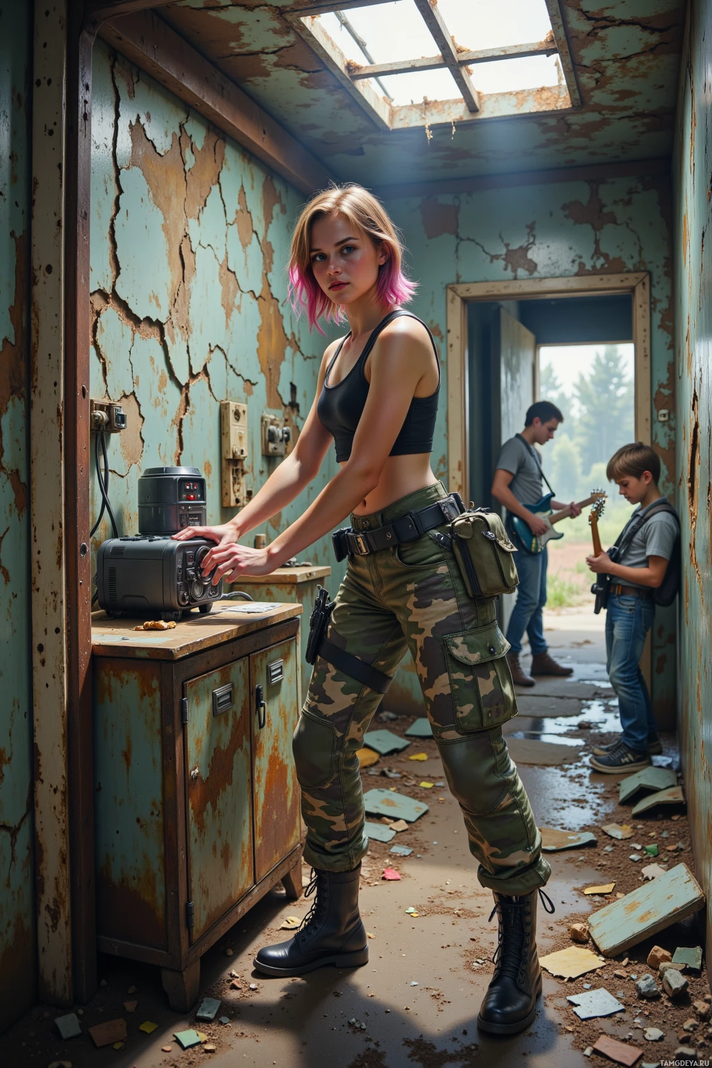A woman in military-style attire stands in a dilapidated room, holding a device, with two individuals playing guitars in the background.